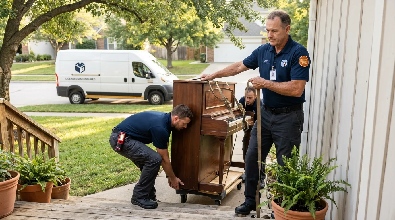 Licensed piano movers securing grand piano in Edgard, LA